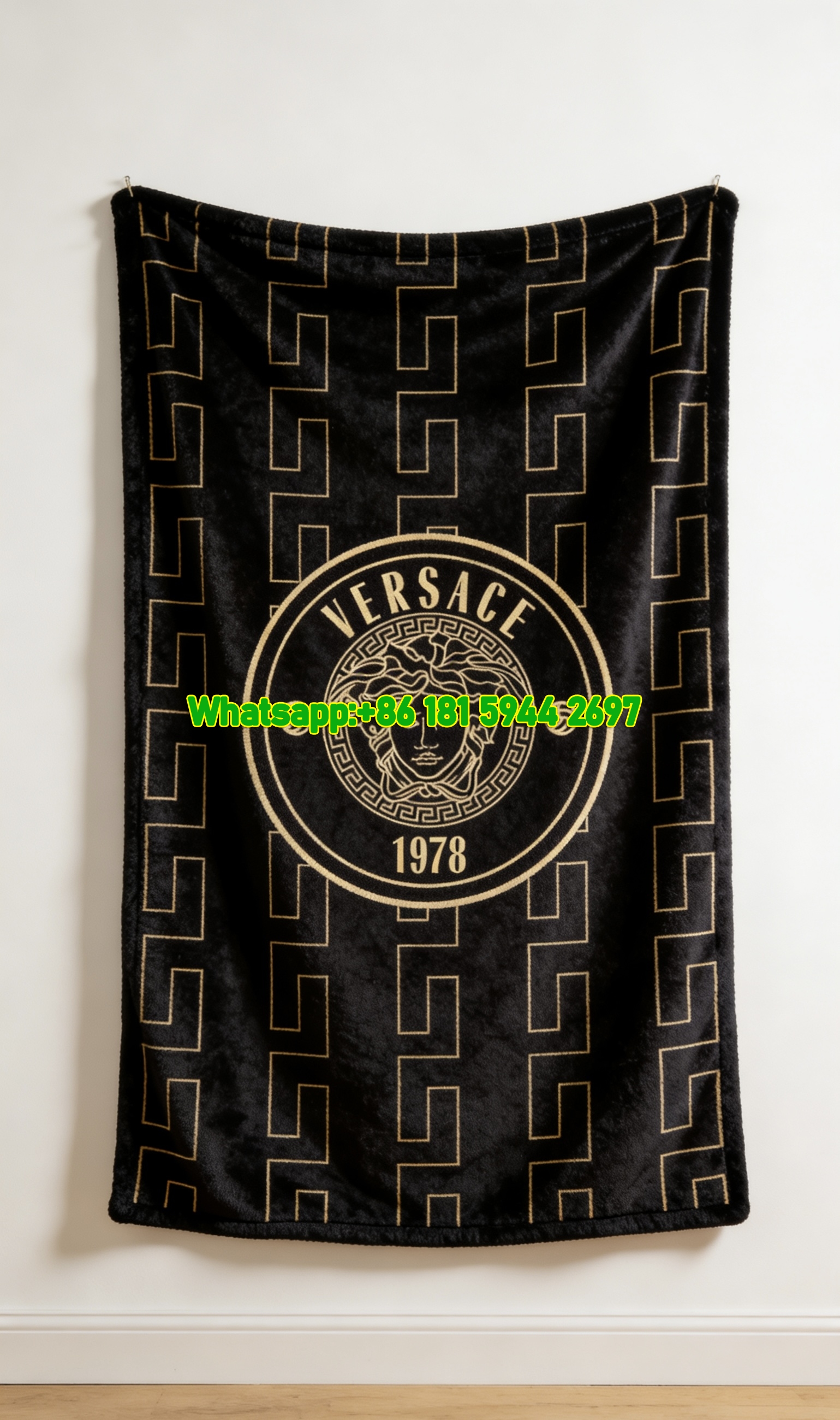 Versace Black Gold Medusa Head 1978 Greek Key Print Flannel Sofa Throw Blanket IMG_1452
